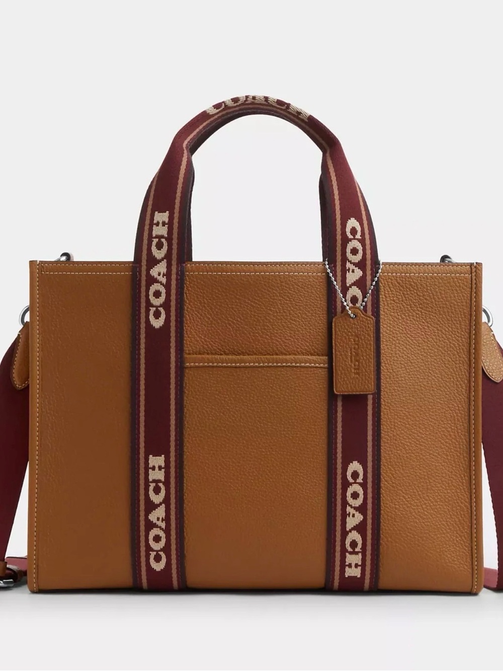 Coach Tan Leather Tote with Burgundy Logo Straps